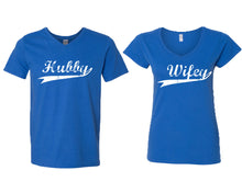 Load image into Gallery viewer, Hubby and Wifey matching couple v-neck shirts.Couple shirts, Royal Blue v neck t shirts for men, v neck t shirts women. Couple matching shirts.