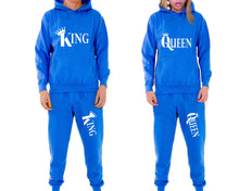 將圖片載入圖庫檢視器 King and Queen matching top and bottom set, Royal Blue pullover hoodie and sweatpants sets for mens, pullover hoodie and jogger set womens. Matching couple joggers.