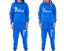 Load image into Gallery viewer, Prince and Princess matching top and bottom set, Royal Blue pullover hoodie and sweatpants sets for mens, pullover hoodie and jogger set womens. Matching couple joggers.