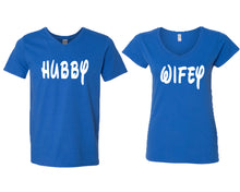 Load image into Gallery viewer, Hubby and Wifey matching couple v-neck shirts.Couple shirts, Royal Blue v neck t shirts for men, v neck t shirts women. Couple matching shirts.