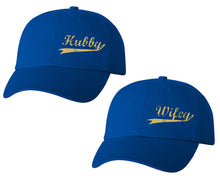 Load image into Gallery viewer, Hubby and Wifey matching caps for couples, Royal Blue baseball caps.Gold Glitter color Vinyl Design
