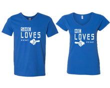 將圖片載入圖庫檢視器 She Loves Me and He Loves Me matching couple v-neck shirts.Couple shirts, Royal Blue v neck t shirts for men, v neck t shirts women. Couple matching shirts.