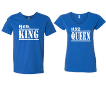 Load image into Gallery viewer, Her King and His Queen matching couple v-neck shirts.Couple shirts, Royal Blue v neck t shirts for men, v neck t shirts women. Couple matching shirts.