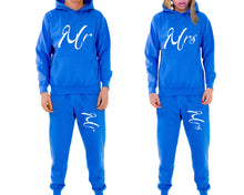 Load image into Gallery viewer, Mr and Mrs matching top and bottom set, Royal Blue pullover hoodie and sweatpants sets for mens, pullover hoodie and jogger set womens. Matching couple joggers.