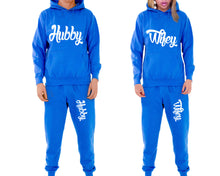 Load image into Gallery viewer, Hubby and Wifey matching top and bottom set, Royal Blue pullover hoodie and sweatpants sets for mens, pullover hoodie and jogger set womens. Matching couple joggers.