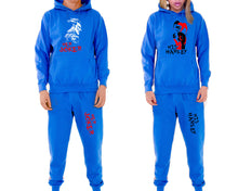 Load image into Gallery viewer, Her Joker and His Harley matching top and bottom set, Royal Blue pullover hoodie and sweatpants sets for mens, pullover hoodie and jogger set womens. Matching couple joggers.