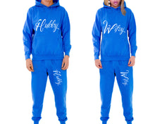 Load image into Gallery viewer, Hubby and Wifey matching top and bottom set, Royal Blue pullover hoodie and sweatpants sets for mens, pullover hoodie and jogger set womens. Matching couple joggers.