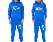 Load image into Gallery viewer, Her King and His Queen matching top and bottom set, Royal Blue pullover hoodie and sweatpants sets for mens, pullover hoodie and jogger set womens. Matching couple joggers.