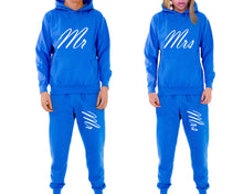 Load image into Gallery viewer, Mr and Mrs matching top and bottom set, Royal Blue pullover hoodie and sweatpants sets for mens, pullover hoodie and jogger set womens. Matching couple joggers.
