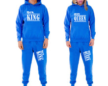 Load image into Gallery viewer, Her King and His Queen matching top and bottom set, Royal Blue pullover hoodie and sweatpants sets for mens, pullover hoodie and jogger set womens. Matching couple joggers.