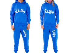 Load image into Gallery viewer, Hubby and Wifey matching top and bottom set, Royal Blue pullover hoodie and sweatpants sets for mens, pullover hoodie and jogger set womens. Matching couple joggers.