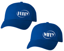 Load image into Gallery viewer, Hubby and Wifey matching caps for couples, Royal Blue baseball caps.