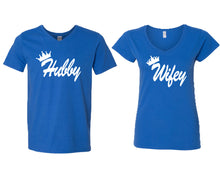 Load image into Gallery viewer, Hubby and Wifey matching couple v-neck shirts.Couple shirts, Royal Blue v neck t shirts for men, v neck t shirts women. Couple matching shirts.