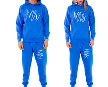 Load image into Gallery viewer, Mr and Mrs matching top and bottom set, Royal Blue pullover hoodie and sweatpants sets for mens, pullover hoodie and jogger set womens. Matching couple joggers.