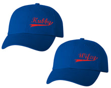 Load image into Gallery viewer, Hubby and Wifey matching caps for couples, Royal Blue baseball caps.Red color Vinyl Design
