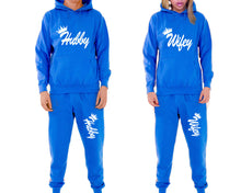 將圖片載入圖庫檢視器 Hubby and Wifey matching top and bottom set, Royal Blue pullover hoodie and sweatpants sets for mens, pullover hoodie and jogger set womens. Matching couple joggers.