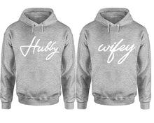Load image into Gallery viewer, Hubby Wifey hoodie, Matching couple hoodies, Sports Grey pullover hoodies. Couple jogger pants and hoodies set.