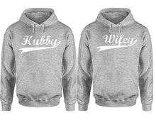 Load image into Gallery viewer, Hubby Wifey hoodie, Matching couple hoodies, Sports Grey pullover hoodies. Couple jogger pants and hoodies set.