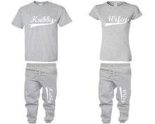 Load image into Gallery viewer, Hubby Wifey shirts, matching top and bottom set, Sports Grey t shirts, men joggers, shirt and jogger pants women. Matching couple joggers