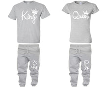 將圖片載入圖庫檢視器 King Queen shirts, matching top and bottom set, Sports Grey t shirts, men joggers, shirt and jogger pants women. Matching couple joggers