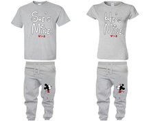 Load image into Gallery viewer, She's Mine He's Mine shirts, matching top and bottom set, Sports Grey t shirts, men joggers, shirt and jogger pants women. Matching couple joggers