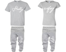 Load image into Gallery viewer, Hubby Wifey shirts, matching top and bottom set, Sports Grey t shirts, men joggers, shirt and jogger pants women. Matching couple joggers