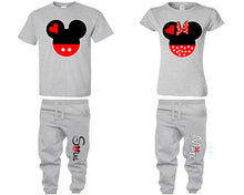 Load image into Gallery viewer, Mickey Minnie shirts, matching top and bottom set, Sports Grey t shirts, men joggers, shirt and jogger pants women. Matching couple joggers