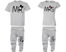 Load image into Gallery viewer, Mr Mrs shirts, matching top and bottom set, Sports Grey t shirts, men joggers, shirt and jogger pants women. Matching couple joggers
