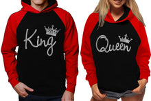 Load image into Gallery viewer, King and Queen raglan hoodies, Matching couple hoodies, Silver Foil King Queen design on man and woman hoodies