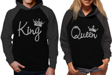 Load image into Gallery viewer, King and Queen raglan hoodies, Matching couple hoodies, Silver Foil King Queen design on man and woman hoodies