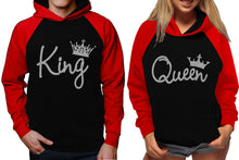Load image into Gallery viewer, King and Queen raglan hoodies, Matching couple hoodies, Silver Glitter King Queen design on man and woman hoodies