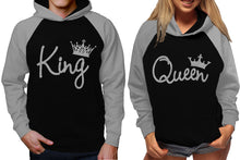 Load image into Gallery viewer, King and Queen raglan hoodies, Matching couple hoodies, Silver Glitter King Queen design on man and woman hoodies