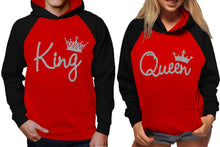 Load image into Gallery viewer, King and Queen raglan hoodies, Matching couple hoodies, Silver Glitter King Queen design on man and woman hoodies