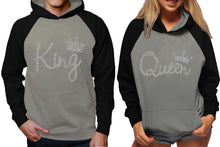 Load image into Gallery viewer, King and Queen raglan hoodies, Matching couple hoodies, Silver Glitter King Queen design on man and woman hoodies