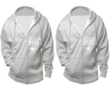 Load image into Gallery viewer, She's My Baby Mama and He's My Baby Daddy zipper hoodies, Matching couple hoodies, Sports Grey zip up hoodie for man, Sports Grey zip up hoodie womens