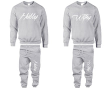 將圖片載入圖庫檢視器 Hubby and Wifey top and bottom sets. Sports Grey sweatshirt and sweatpants set for men, sweater and jogger pants for women.