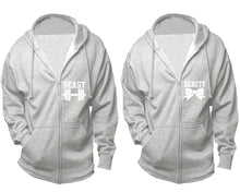 Load image into Gallery viewer, Beast and Beauty zipper hoodies, Matching couple hoodies, Sports Grey zip up hoodie for man, Sports Grey zip up hoodie womens