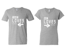 將圖片載入圖庫檢視器 She Loves Me and He Loves Me matching couple v-neck shirts.Couple shirts, Sports Grey v neck t shirts for men, v neck t shirts women. Couple matching shirts.