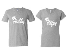 Load image into Gallery viewer, Hubby and Wifey matching couple v-neck shirts.Couple shirts, Sports Grey v neck t shirts for men, v neck t shirts women. Couple matching shirts.