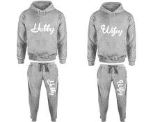 Load image into Gallery viewer, Hubby and Wifey matching top and bottom set, Sports Grey pullover hoodie and sweatpants sets for mens, pullover hoodie and jogger set womens. Matching couple joggers.