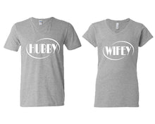 Load image into Gallery viewer, Hubby and Wifey matching couple v-neck shirts.Couple shirts, Sports Grey v neck t shirts for men, v neck t shirts women. Couple matching shirts.