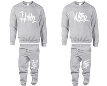 將圖片載入圖庫檢視器 Hubby and Wifey top and bottom sets. Sports Grey sweatshirt and sweatpants set for men, sweater and jogger pants for women.