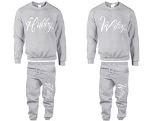 將圖片載入圖庫檢視器 Hubby and Wifey top and bottom sets. Sports Grey sweatshirt and sweatpants set for men, sweater and jogger pants for women.