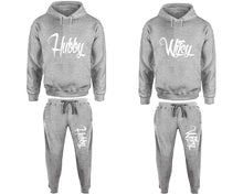 Load image into Gallery viewer, Hubby and Wifey matching top and bottom set, Sports Grey pullover hoodie and sweatpants sets for mens, pullover hoodie and jogger set womens. Matching couple joggers.