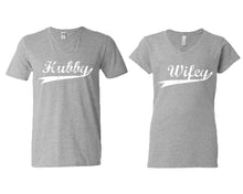 Load image into Gallery viewer, Hubby and Wifey matching couple v-neck shirts.Couple shirts, Sports Grey v neck t shirts for men, v neck t shirts women. Couple matching shirts.