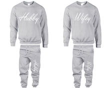 將圖片載入圖庫檢視器 Hubby and Wifey top and bottom sets. Sports Grey sweatshirt and sweatpants set for men, sweater and jogger pants for women.
