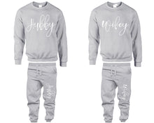 將圖片載入圖庫檢視器 Hubby and Wifey top and bottom sets. Sports Grey sweatshirt and sweatpants set for men, sweater and jogger pants for women.