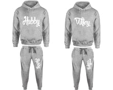 Load image into Gallery viewer, Hubby and Wifey matching top and bottom set, Sports Grey pullover hoodie and sweatpants sets for mens, pullover hoodie and jogger set womens. Matching couple joggers.