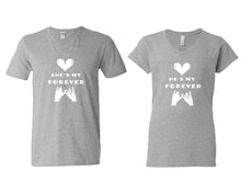 Load image into Gallery viewer, She's My Forever and He's My Forever matching couple v-neck shirts.Couple shirts, Sports Grey v neck t shirts for men, v neck t shirts women. Couple matching shirts.