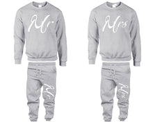 Load image into Gallery viewer, Mr and Mrs top and bottom sets. Sports Grey sweatshirt and sweatpants set for men, sweater and jogger pants for women.